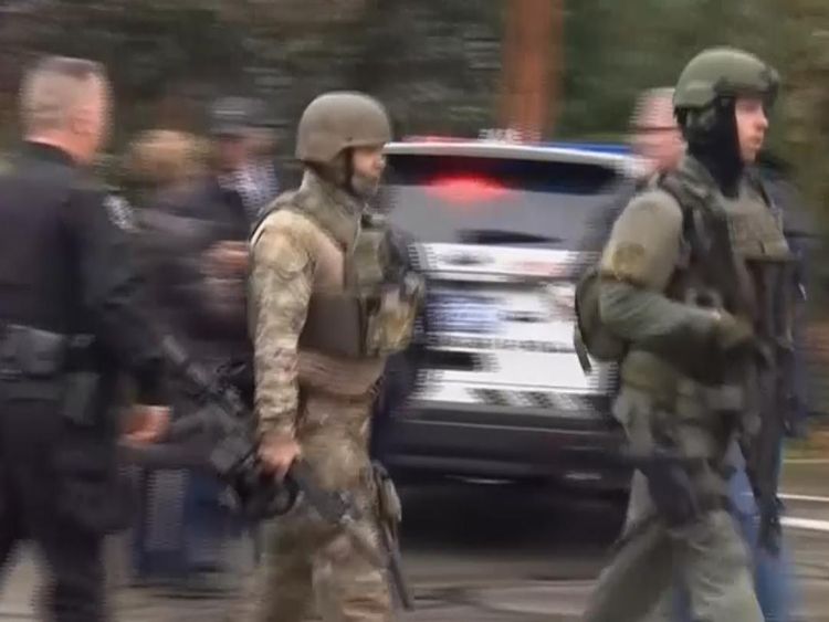 Armed officers at the scene of a shooting in Pittsburgh