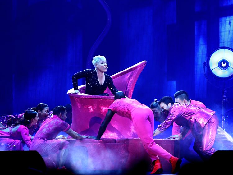 Singer Pink performs live on stage in New Zealand for Beautiful Trauma tour
