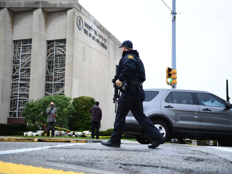 Police patrol outside the Tree of Life synagogue in Pittsburgh