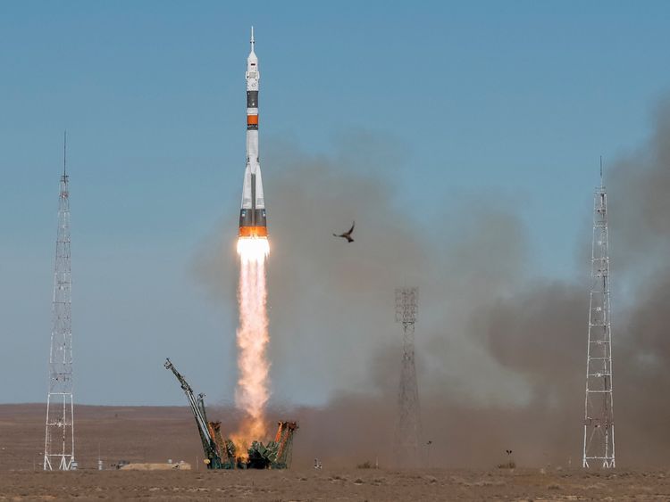 The Soyuz MS-10 spacecraft carrying the crew of astronaut Nick Hague of the U.S. and cosmonaut Alexey Ovchinin of Russia blasts off 