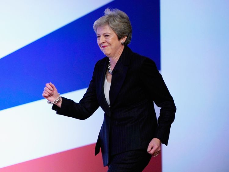 Theresa May dances onto stage for her leaders speech at the Tory Conference