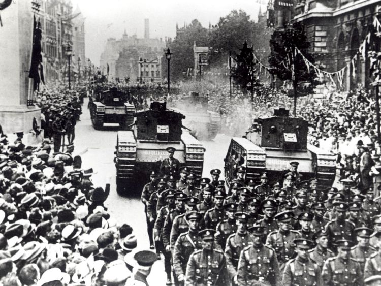 The 1919 Victory Parade passes down Whitehall, to mark the end of the First World War: British tanks were seen in Whitehall for the first time since the parade, as the Royal Tank Regiment held their annual remembrance service at the Cenotaph today (Sunday)./PA