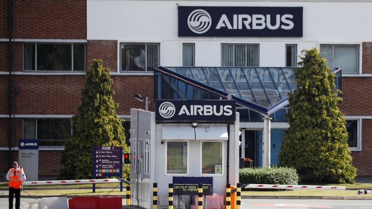 A security guard stands at the entrance to Airbus&#39; wing assembly plant at Broughton, near Chester