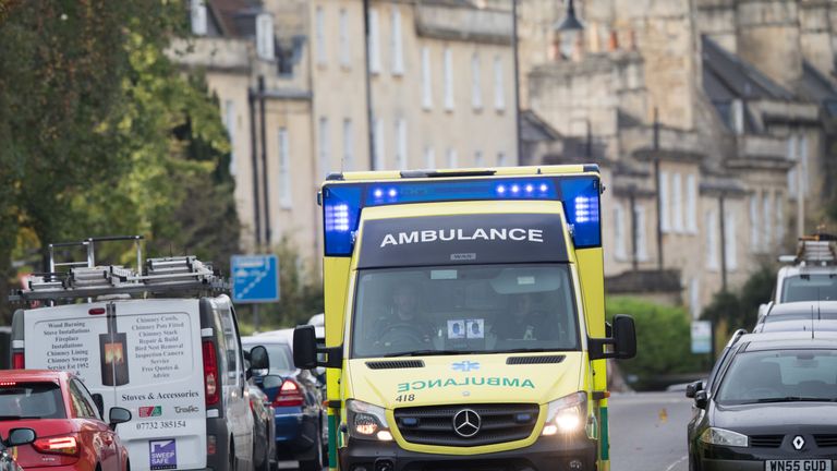 BATH, ENGLAND - OCTOBER 23: A ambulance is pictured as vehicles travel along the London Road during the morning rush-hour on October 23, 2018 in Bath, England. The historic city of Bath, a UNESCO World Heritage site, is considering introducing a Clean Air Zone (CAZ) by the end of 2020. 