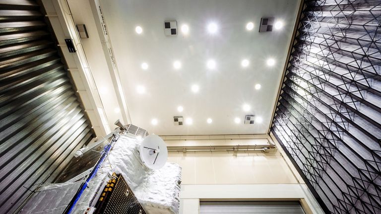 The BepiColombo spacecraft, part of a joint mission of the European Space Agency (ESA) and the Japan Aerospace Exploration Agency (JAXA) is pictured during its unveiling in Noordwijk on July 6, 2017