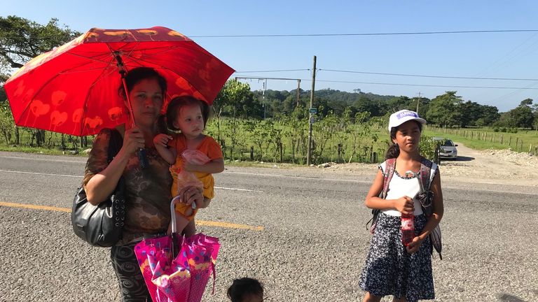 Blanca Aguilar is travelling on foot with her three children