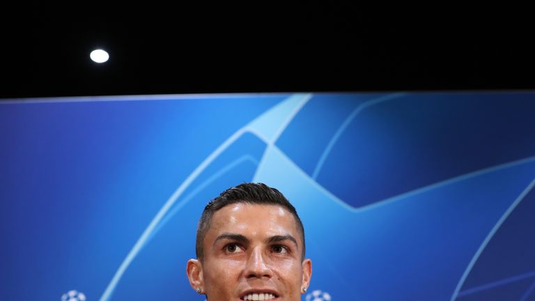 Juventus&#39; Cristiano Ronaldo during the press conference at Old Trafford