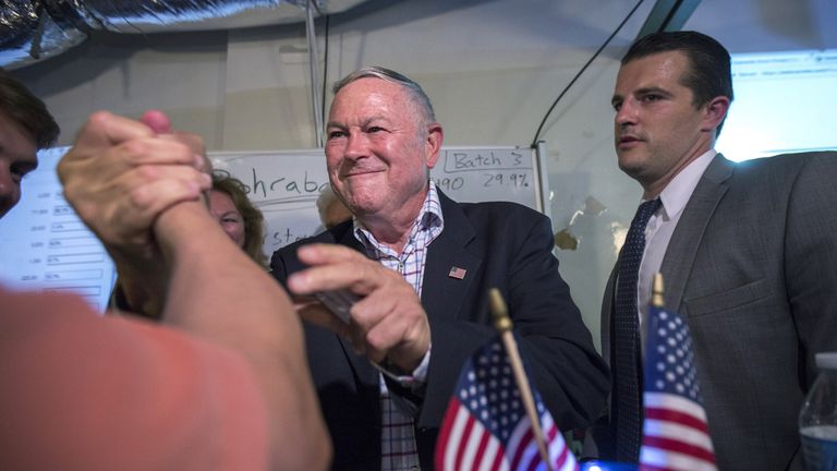 Republican Dana Rohrabacher greets supporters. His pro-Russian leanings may cost him re-election