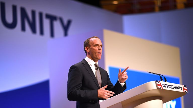 BIRMINGHAM, ENGLAND - OCTOBER 01: Secretary of State for Exiting the European Union Dominic Raab speaks during day two of the annual Conservative Party Conference on October 1, 2018 in Birmingham, England. (Photo by Jeff J Mitchell/Getty Images)
