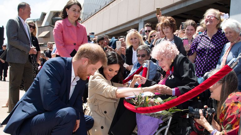 Prince Harry and Meghan meet 98 year old Daphne Dunne during a meet and greet at the Sydney Opera House 