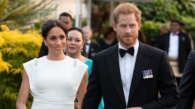 Prince Harry, Duke of Sussex and Meghan, Duchess of Sussex attend a state dinner at the Royal Residence on October 25, 2018 in Nuku'alofa, Tonga