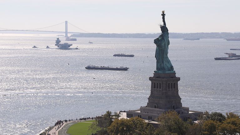 The Statue of Liberty watches on as the warship arrives in New York. Pic: Royal Navy