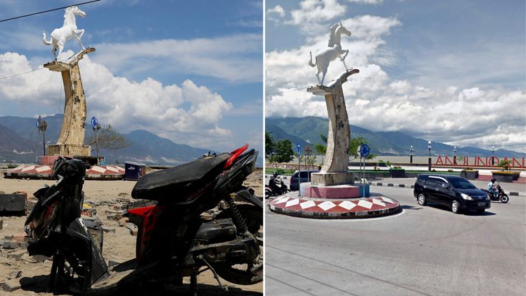 A before and after image of the horse statue on Palu&#39;s seafront
