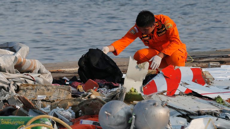 A member of Indonesian Search and Rescue Agency (BASARNAS) inspects debris believed to be from Lion Air passenger jet that crashed off Java Island at Tanjung Priok Port in Jakarta, Indonesia Monday, Oct. 29, 2018. A Lion Air flight crashed into the sea just minutes after taking off from Indonesia&#39;s capital on Monday in a blow to the country&#39;s aviation safety record after the lifting of bans on its airlines by the European Union and U.S. (AP Photo/Tatan Syufla