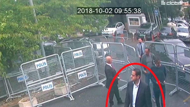 Surveillance camera footage of a man, previously seen with Saudi Crown Prince Mohammed bin Salman&#39;s entourage, walking towards the Saudi Consulate in Istanbul just before writer Jamal Khashoggi disappeared
