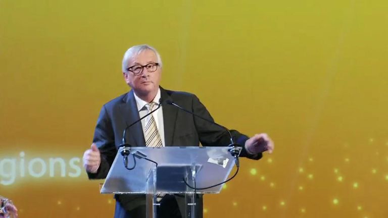 EU Commission president Jean-Claude Juncker appeared to mock Theresa May with an impression of her ABBA dancing before a speech 