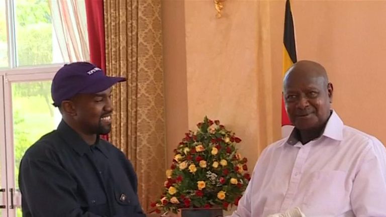 Kanye West presents Ugandan president with a pair of gym shoes