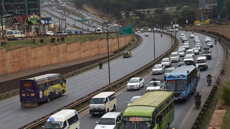 Cars drive down a section of the Thika Superhighway that leads out from the northern end of the Kenyan capital, Nairobi, on January 8, 2018. Thika highway leads north towards Kenya&#39;s central highlands at the foot of east Africa&#39;s second highest mountain, Mt Kenya, and further to Kenya&#39;s border town with nothern neighbour Ethiopia some 775 kilometres (about 482 miles) away. / AFP PHOTO / TONY KARUMBA (Photo credit should read TONY KARUMBA/AFP/Getty Images)