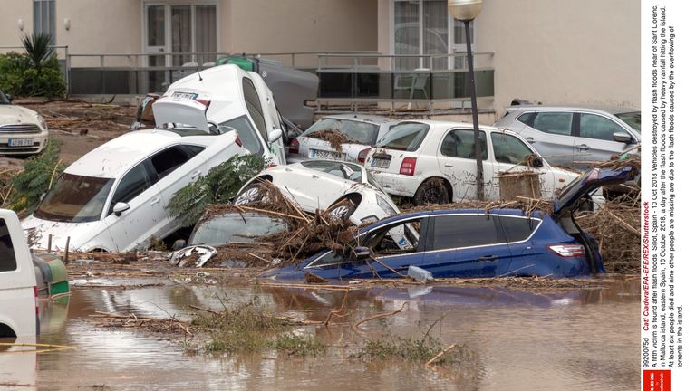 Vehicles destroyed by flash floods near of Sant Llorenc, in Mallorca island, eastern Spain