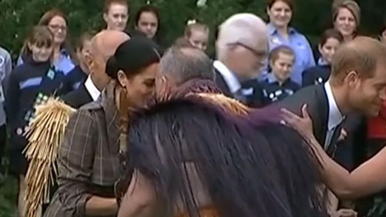 The Duchess of Sussex gets a traditional Maori greeting in Wellington, New Zealand