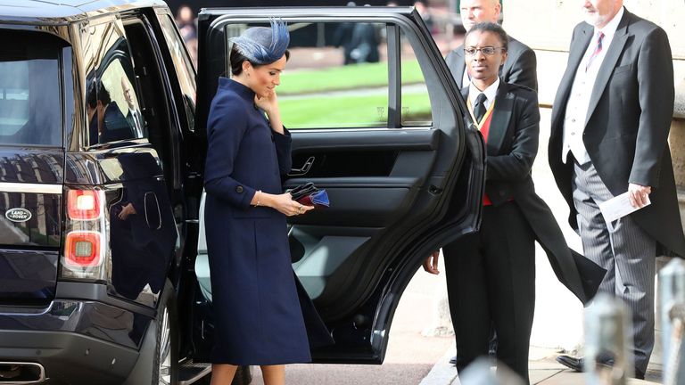 Meghan, Duchess of Sussex arrives to attend the wedding of Princess Eugenie of York 