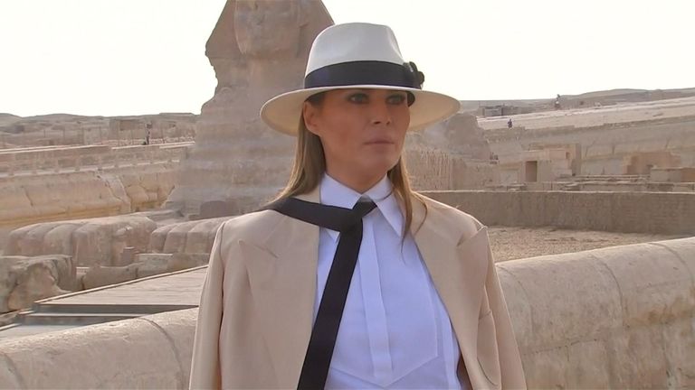 Melania Trump talks to the media in Egypt