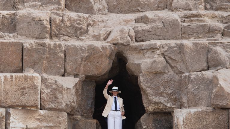 Melania Trump at the entrance to Egypt's Great Pyramid of Khufu at Giza