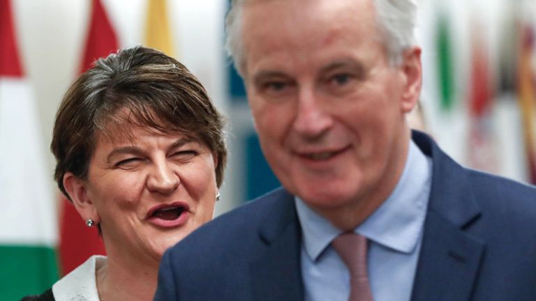 Democratic Unionist Party (DUP) Leader Arlene Foster (L) meets European Union&#39;s chief Brexit negotiator Michel Barnier at the European Commission headquarters in Brussels on March 6, 2018. / AFP PHOTO / POOL AND REUTERS / Yves HERMAN (Photo credit should read YVES HERMAN/AFP/Getty Images)
