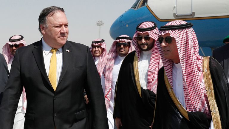 Mike Pompeo was greeted by Saudi foreign minister Adel al-Jubei