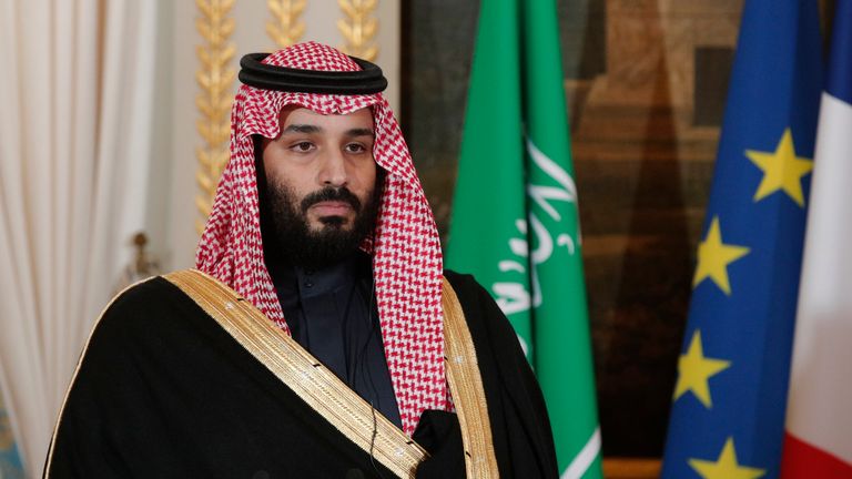 Saudi Arabia's Crown Prince Mohammed bin Salman gives a joint press conference with France's President at the Elysee Palace in Paris on April 10, 2018