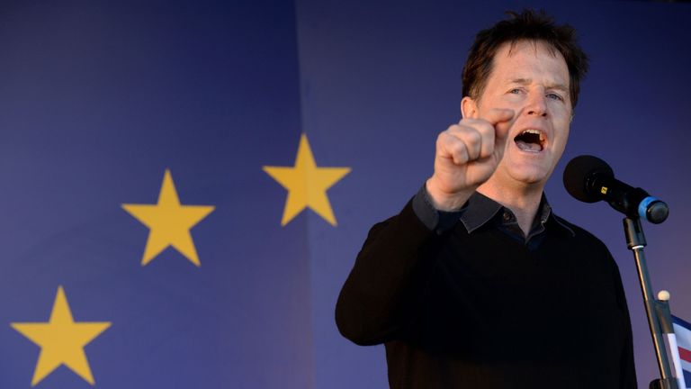 Britain&#39;s former Deputy Prime Minister, and former Leader of the Liberal Democrats, Nick Clegg, speaks during a rally following an anti Brexit, pro-European Union (EU) march in London on March 25, 2017, ahead of the British government&#39;s planned triggering of Article 50 next week.