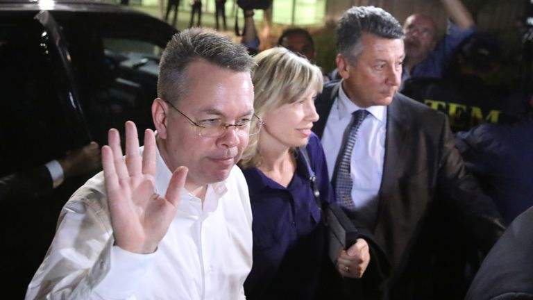 US pastor Andrew Brunson and his wife Norrine arrive at the airport in Izmir, Turkey