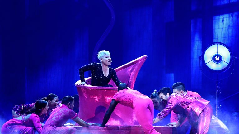 Singer Pink performs live on stage in New Zealand for Beautiful Trauma tour