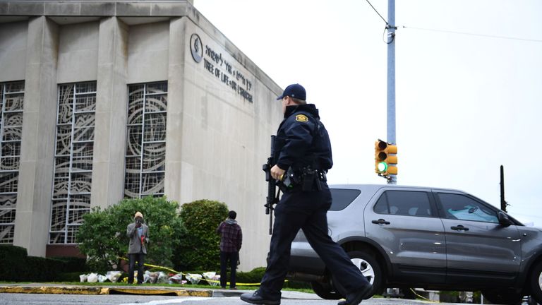 Police patrol outside the Tree of Life synagogue in Pittsburgh