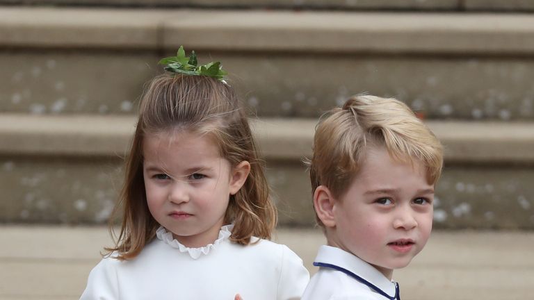 Princess Charlotte and Prince George arrive for the wedding of Princess Eugenie to Jack Brooksbank at St George&#39;s Chapel in Windsor Castle, Britain October 12, 2018. Steve Parsons/Pool via REUTERS