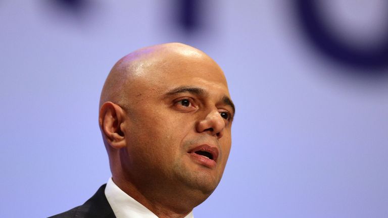 Home Secretary Sajid Javid speaking at the Conservative Party annual conference in Birmingham