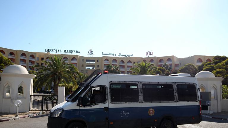 A police vehicle outside the front of the RIU Imperial Marhaba hotel in Sousse, Tunisia