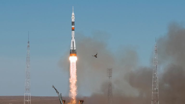 The Soyuz MS-10 spacecraft carrying the crew of astronaut Nick Hague of the U.S. and cosmonaut Alexey Ovchinin of Russia blasts off 