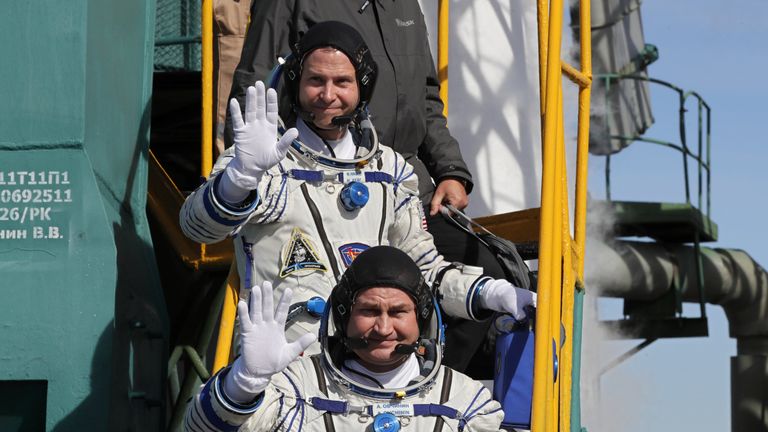 International Space Station (ISS) crew members astronaut Nick Hague of the U.S. and cosmonaut Alexey Ovchinin of Russia board the Soyuz MS-10 spacecraft 