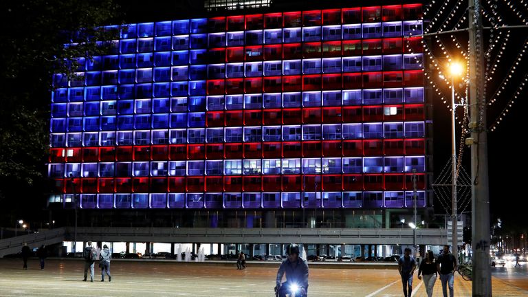 Municipality building in Tel Aviv is lit in the colours of the American flag in solidarity with the victims of the Pittsburgh synagogue attack
