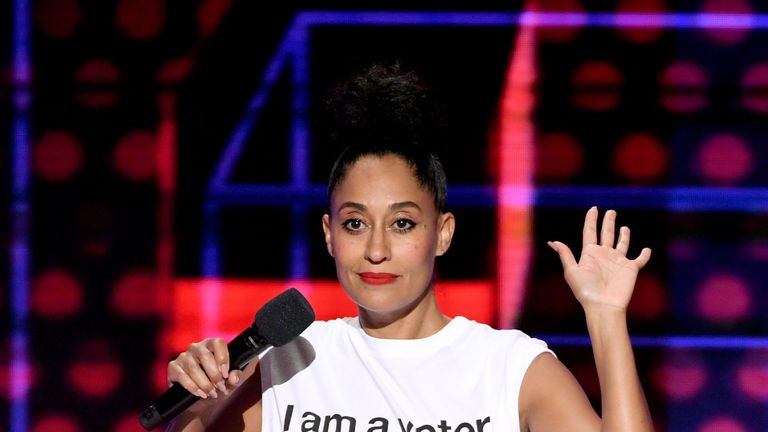 Black-ish star Tracee Ellis Ross on stage during the 2018 American Music Awards at Microsoft Theater on October 9, 2018 in Los Angeles, California