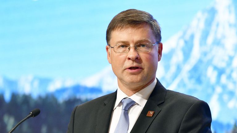 Valdis Dombrovskis, European Commissioner for the Euro and Social Dialogue, Financial Stability, Financial Services and Capital Markets, gives a news conference following an Eurogroup meeting, Informal meeting of economic and financial affairs ministers in Vienna, Austria, on September 8, 2018