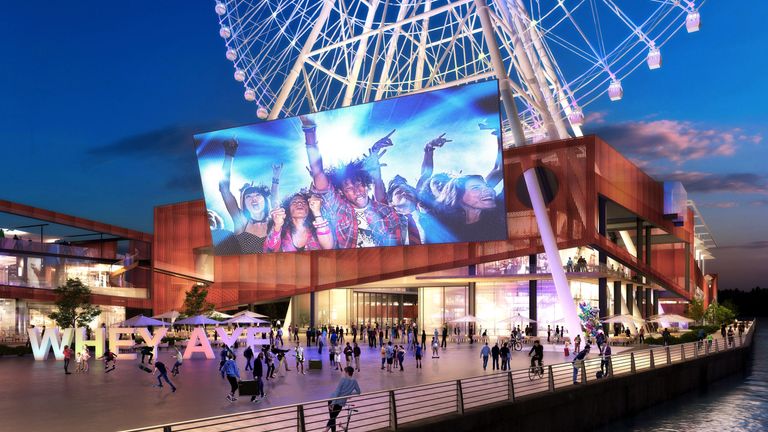 A generated image of the visitor centre and LED screen at the base of the observation wheel