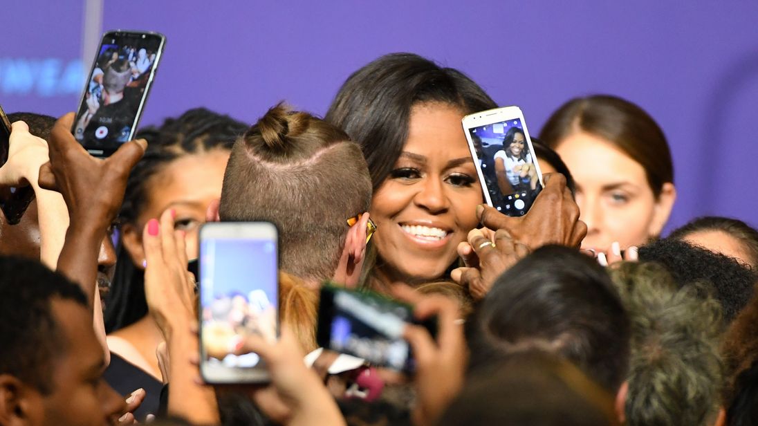 Former first lady Michelle Obama speaks during a rally for When We All Vote's National Week of Action at Chaparral High School In Las Vegas