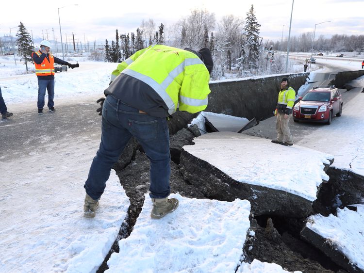 The road collapsed after the 7.0 magnitude quake struck