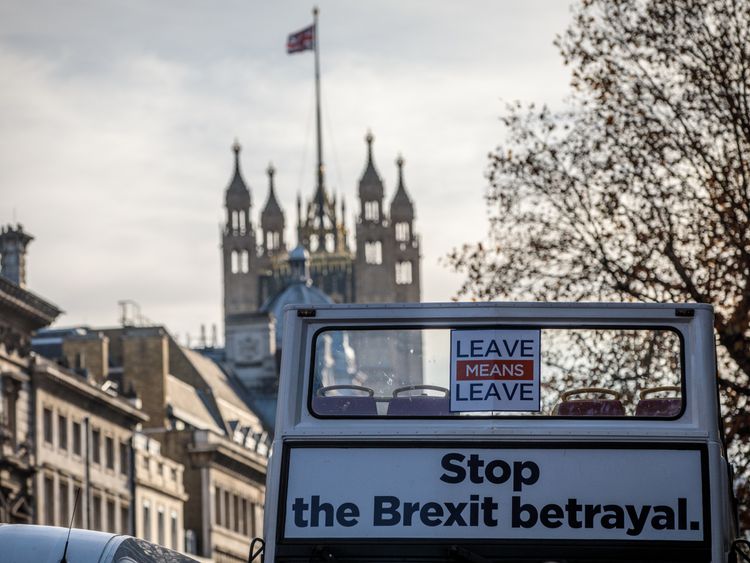 A pro-Brexit bus is driven along Whitehall on November 14, 2018 in London, England