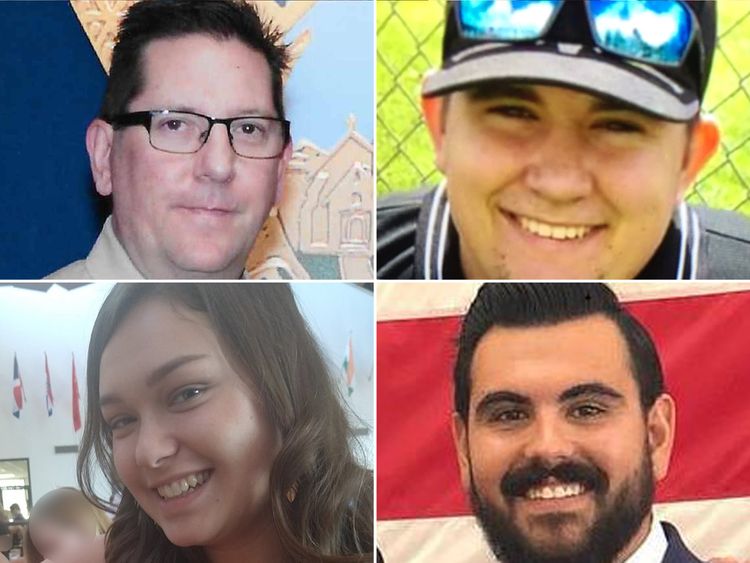 Victims (clockwise from top left): Sergeant Ron Helus, Cody Coffman, Justin Meek and Alaina Housley