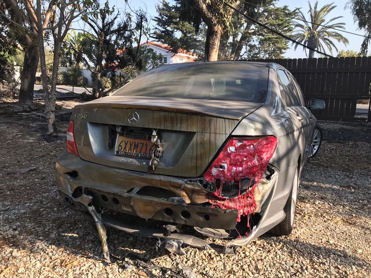 A destroyed Mercedes in Malibu
