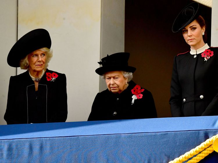 The Duchess of Cornwall, Queen Elizabeth II and the Duchess of Cambridge during the remembrance service at the Cenotaph memorial 