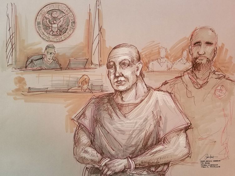 Cesar Sayoc in an artist's sketch during his appearance in a Miamia federal court 